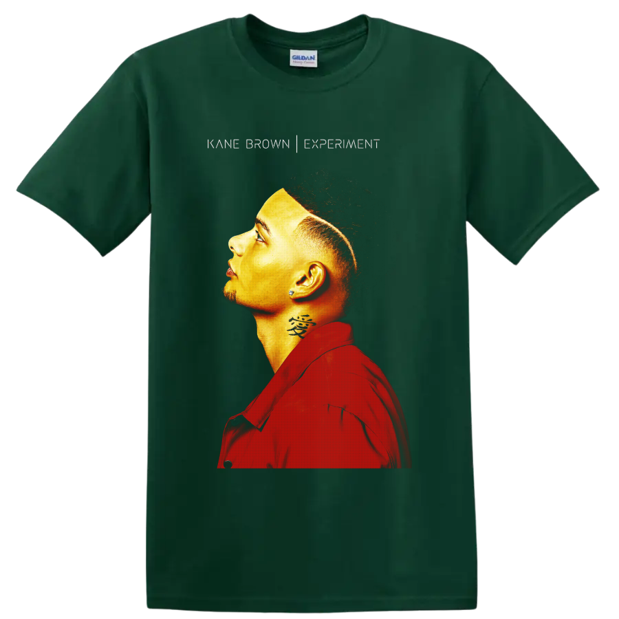 Kane Brown Experiment side-profile portrait in vivid red and gold tones on a Forest Green T Shirt