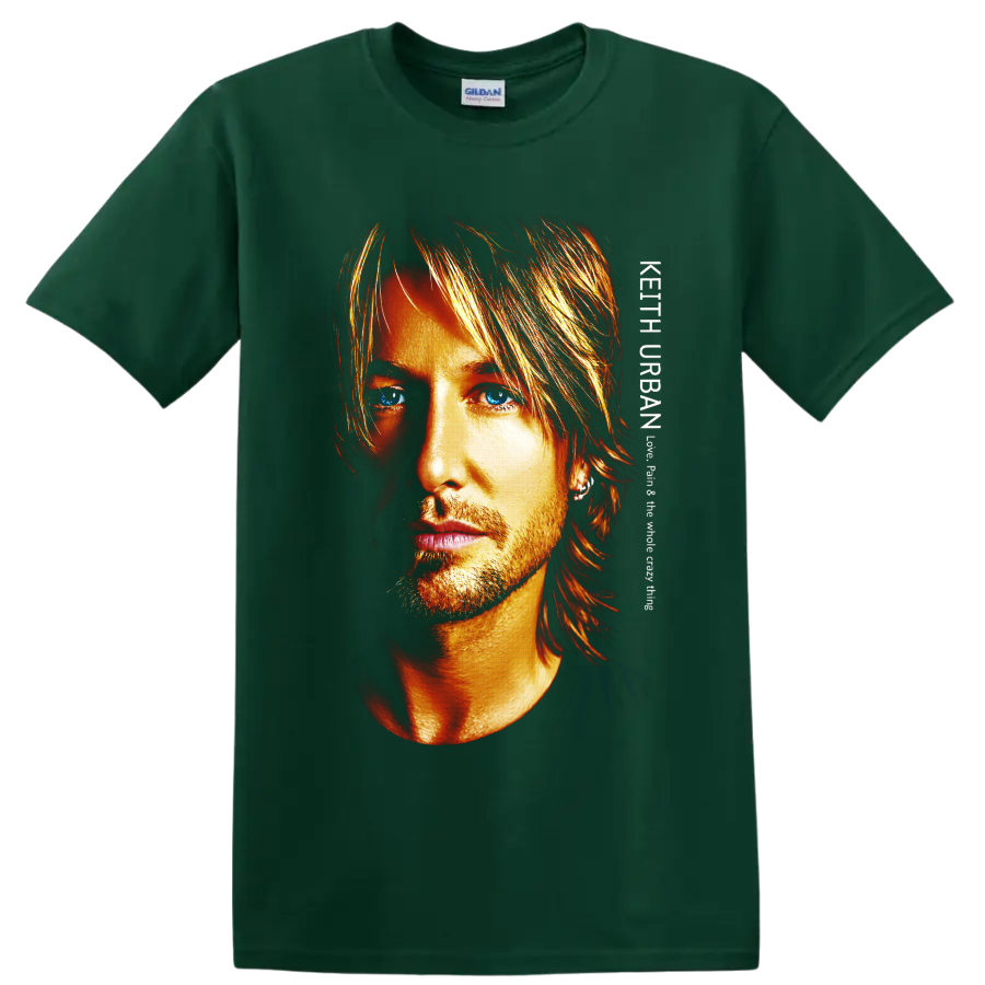 Keith Urban close-up portrait in fiery high-contrast art with striking blue eyes on a Forest Green T Shirt