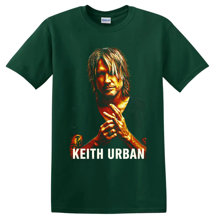 Fiery painted Keith Urban portrait with clasped hands and distressed KEITH URBAN text on a Forest Green T Shirt