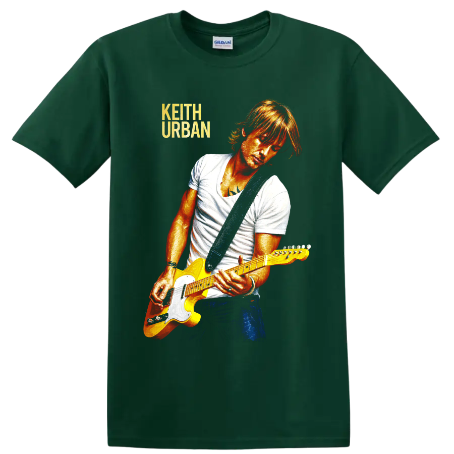 Keith Urban portrait playing yellow electric guitar in vivid concert art on a Forest Green T Shirt