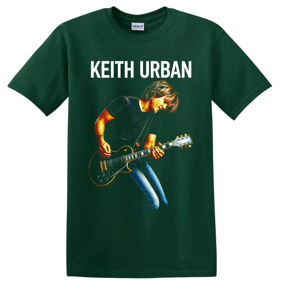 Keith Urban guitarist in vivid concert-poster style with electric guitar and name text on a Forest Green T Shirt