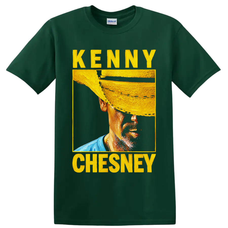 Kenny Chesney painterly cowboy hat portrait with bold yellow lettering on a Forest Green T Shirt