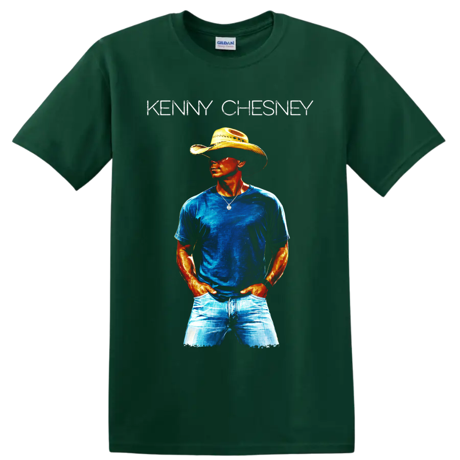 Kenny Chesney cowboy hat portrait in vivid blue and orange painterly country music art on a Forest Green T Shirt