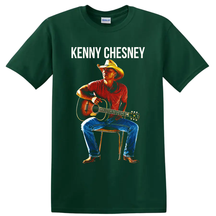Kenny Chesney portrait with cowboy hat and acoustic guitar in vivid poster style on a Forest Green T Shirt