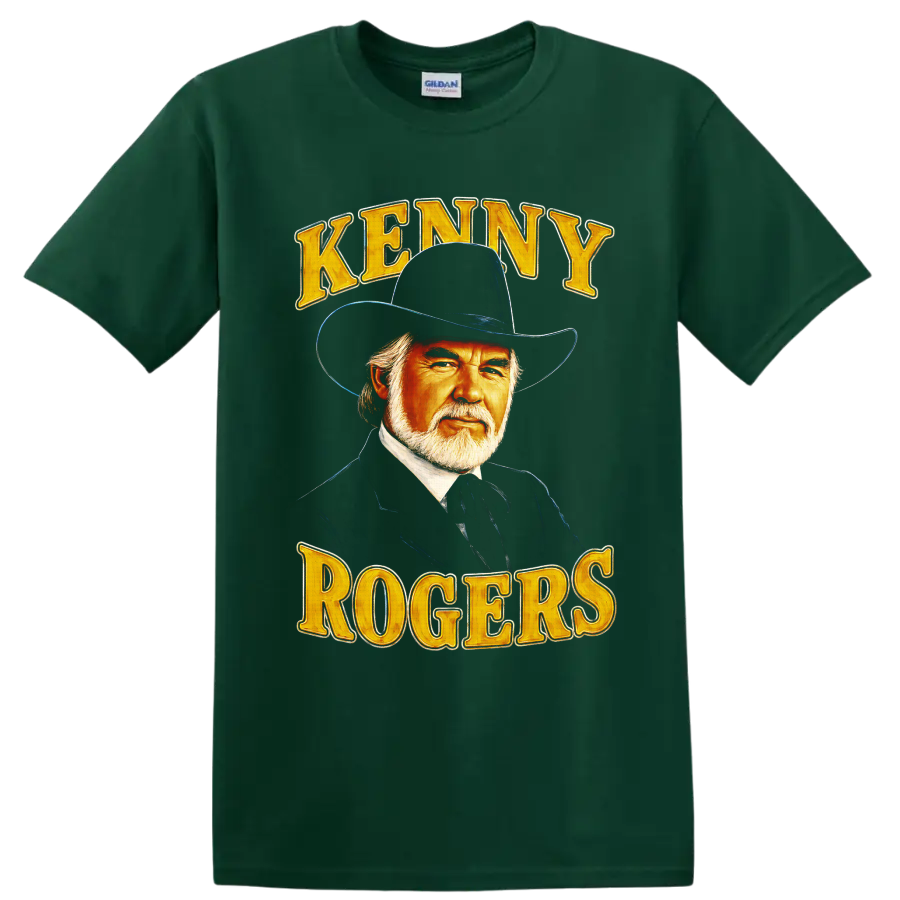 Kenny Rogers cowboy hat portrait with gold KENNY ROGERS lettering in vintage Western style on a Forest Green T Shirt