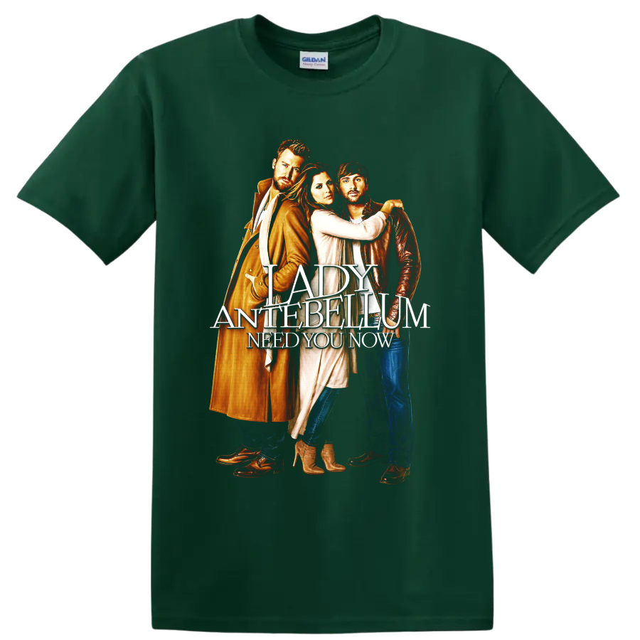 Lady Antebellum trio portrait with Need You Now layered country music lettering on a Forest Green T Shirt