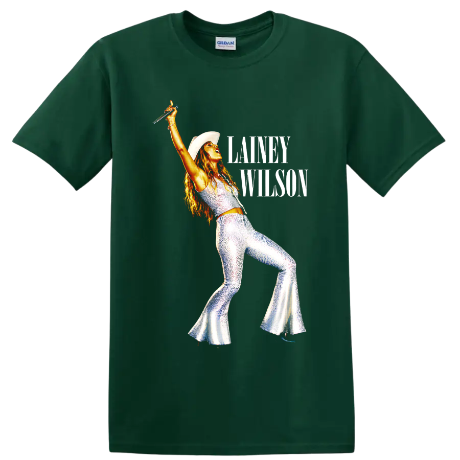 Lainey Wilson in cowboy hat and sparkling stagewear with raised microphone and text on a Forest Green T Shirt