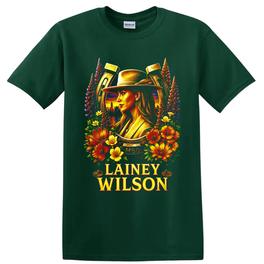 Lainey Wilson western hat portrait with floral horseshoe and sunset skyline on a Forest Green T Shirt