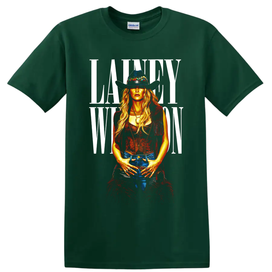 Lainey Wilson western portrait in cowboy hat, fringe vest, and bold white lettering on a Forest Green T Shirt
