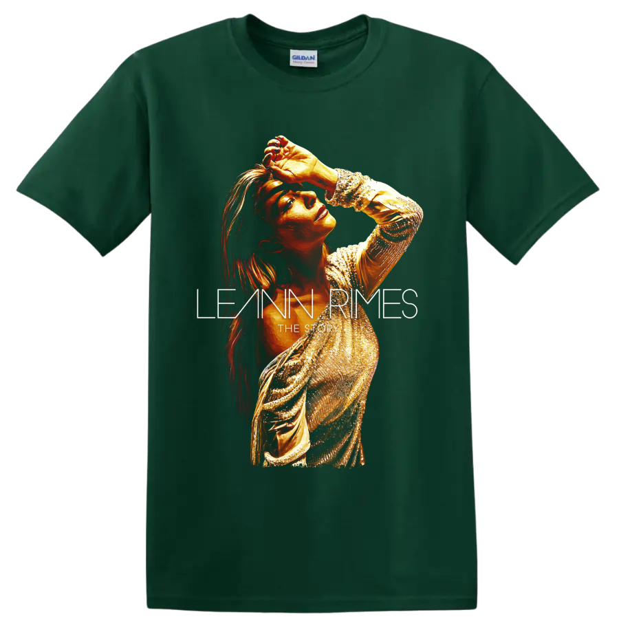 LeAnn Rimes golden glam portrait with The Story lettering on a Forest Green T Shirt