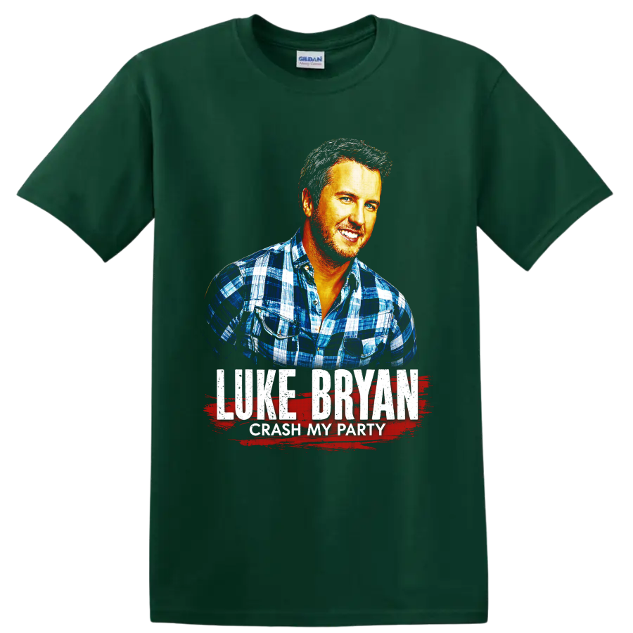 Luke Bryan Crash My Party portrait with distressed lettering and red brushstroke on a Forest Green T Shirt
