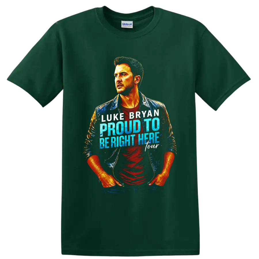 Luke Bryan painterly portrait with Proud To Be Right Here blue and white lettering on a Forest Green T Shirt