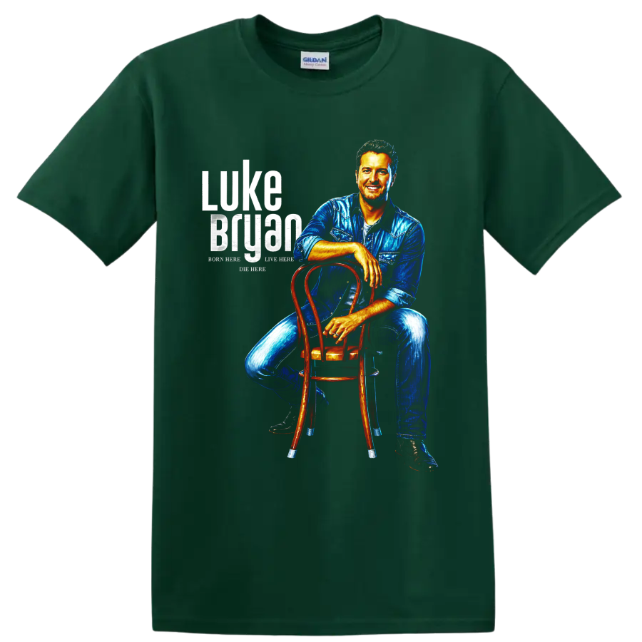 Luke Bryan portrait in blue denim seated on a wooden chair with distressed lettering on a Forest Green T Shirt