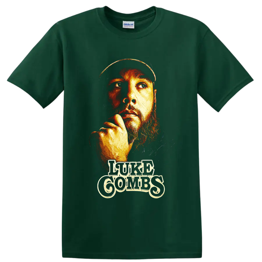 Luke Combs painted portrait with fiery split lighting and decorative lettering on a Forest Green T Shirt
