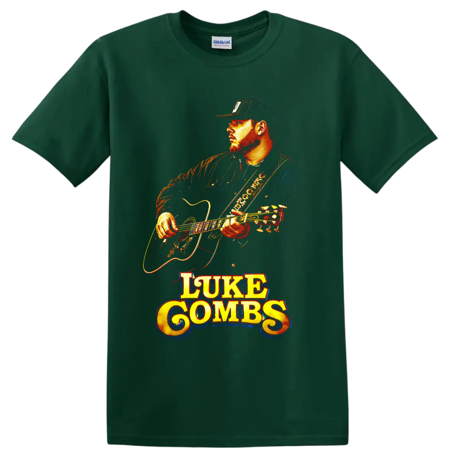 Luke Combs playing acoustic guitar in vivid vintage concert-poster style on a Forest Green T Shirt