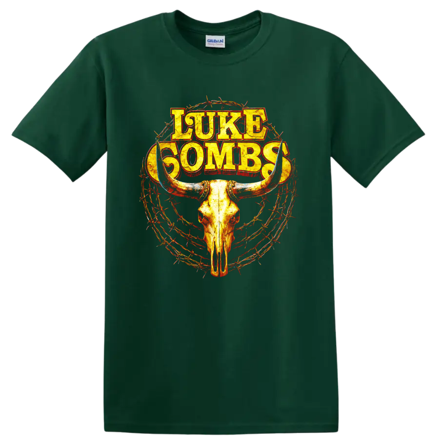 Luke Combs distressed lettering with longhorn skull and barbed wire western graphic on a Forest Green T Shirt