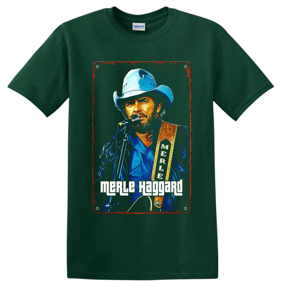 Merle Haggard painted cowboy-hat performance portrait with microphone and guitar on a Forest Green T Shirt