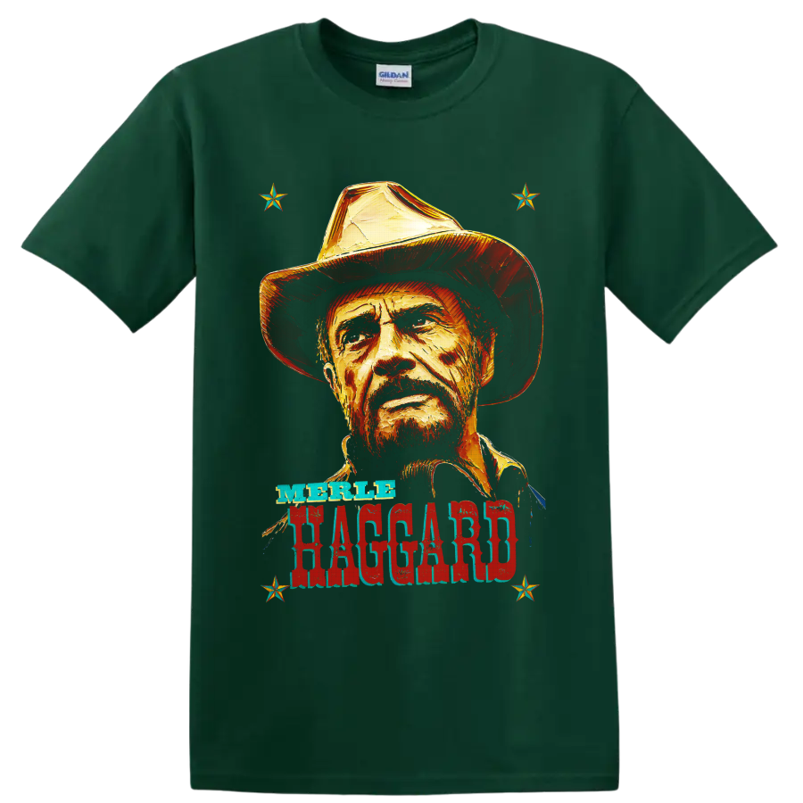 Merle Haggard cowboy hat portrait with distressed western lettering and stars on a Forest Green T Shirt