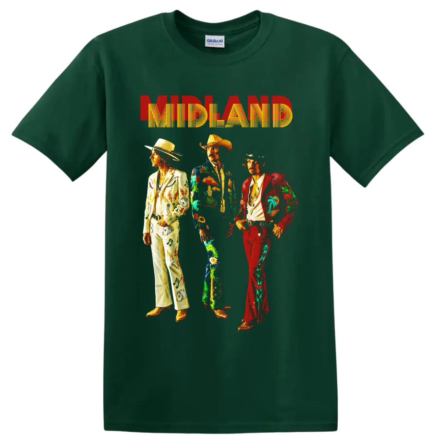 Midland country trio in colorful western suits beneath retro MIDLAND lettering on a Forest Green T Shirt