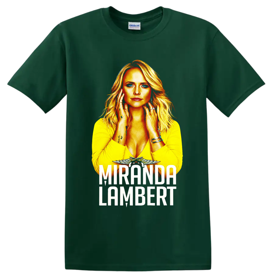 Miranda Lambert portrait with fiery gold artwork, winged accent, and bold name lettering on a Forest Green T Shirt