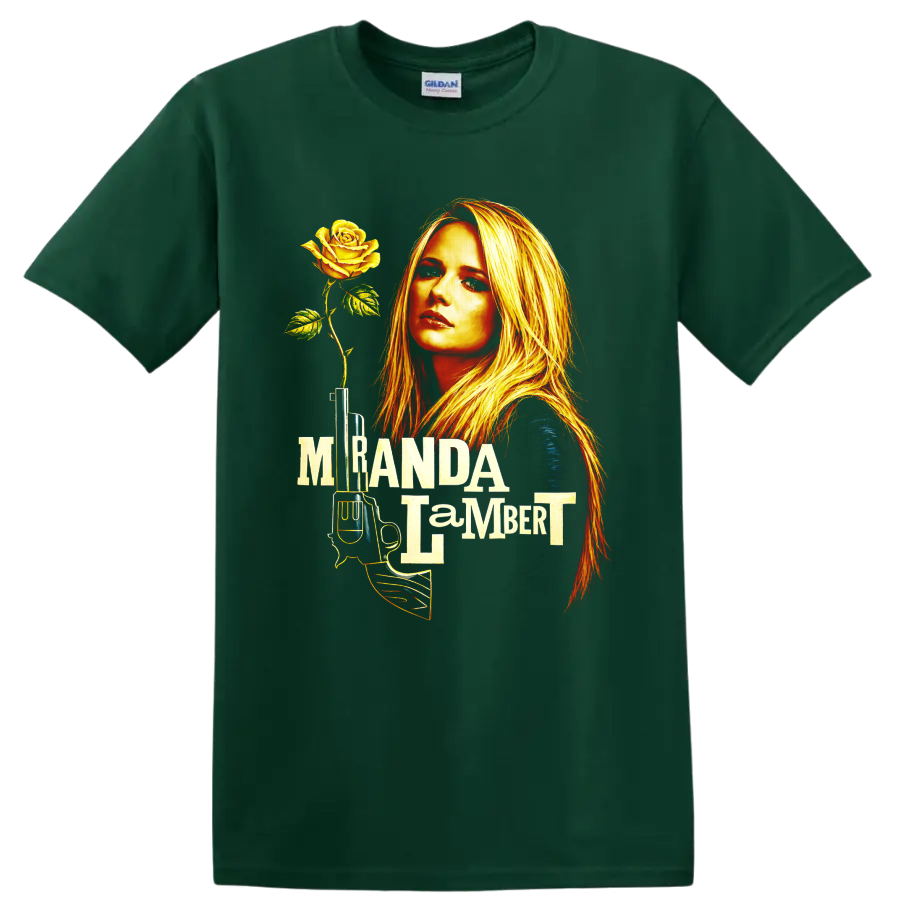 Miranda Lambert portrait with yellow rose, vintage microphone, and bold layered lettering on a Forest Green T Shirt