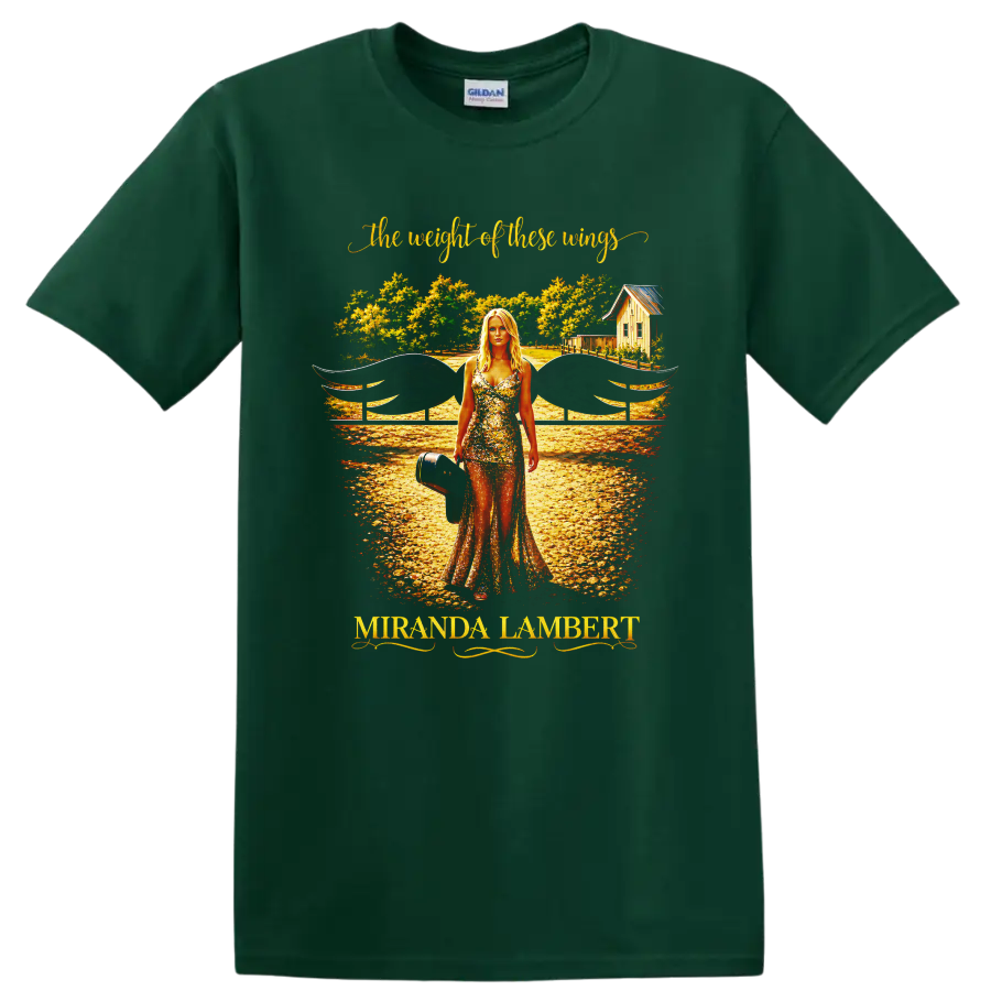 Miranda Lambert Weight of These Wings winged country road illustration on a Forest Green T Shirt