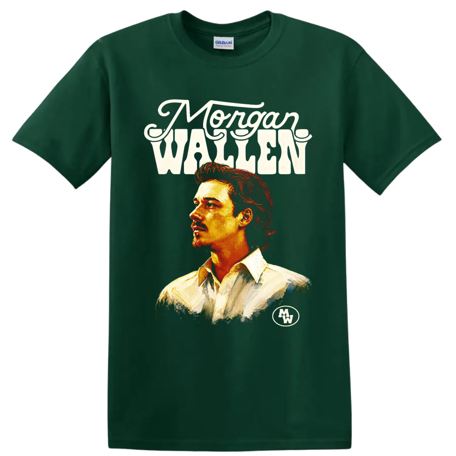 Morgan Wallen painted portrait with western lettering and fiery country music art on a Forest Green T Shirt
