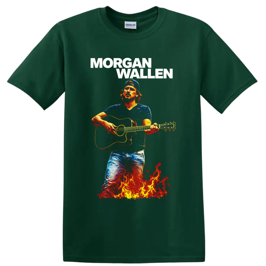 Morgan Wallen guitar player illustration with bold name text and fiery flames on a Forest Green T Shirt