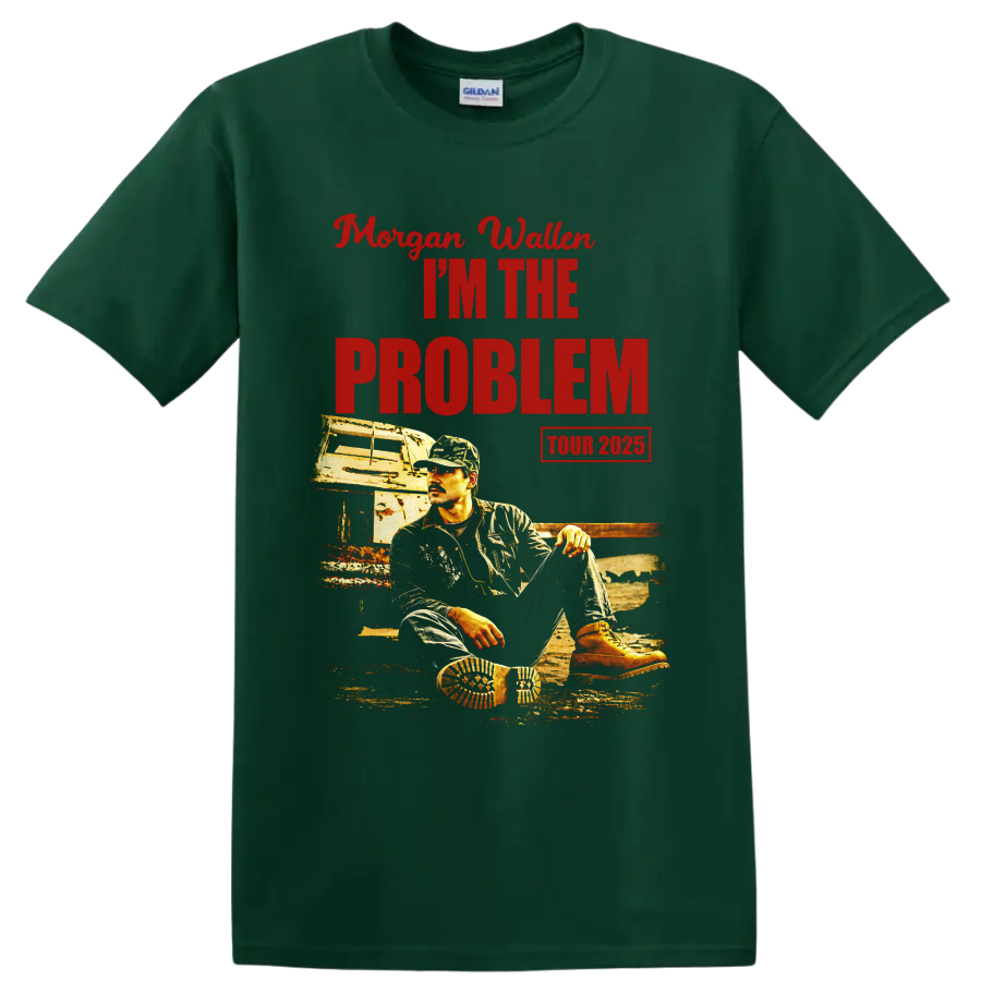 Morgan Wallen I'm The Problem Tour 2025 distressed portrait and trailer graphic on a Forest Green T Shirt