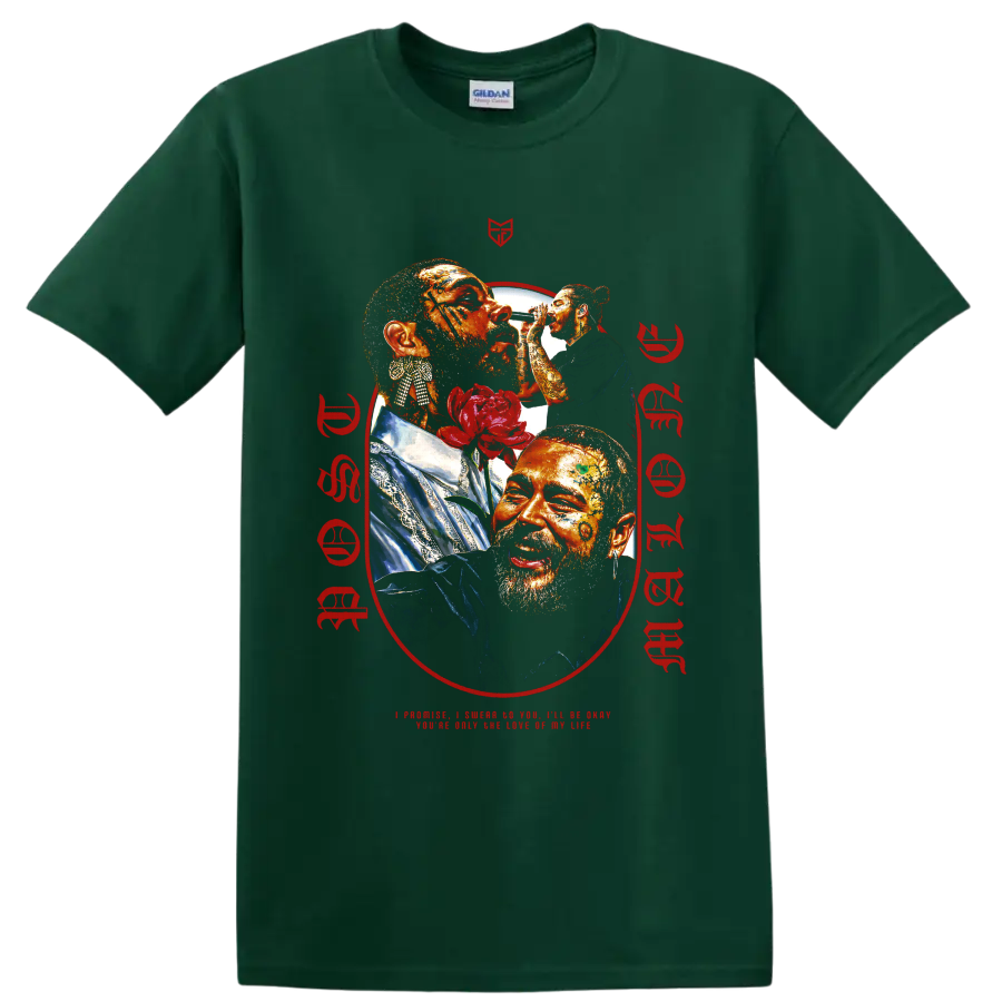 Post Malone tattooed portrait collage with red rose and microphone performance on a Forest Green T Shirt