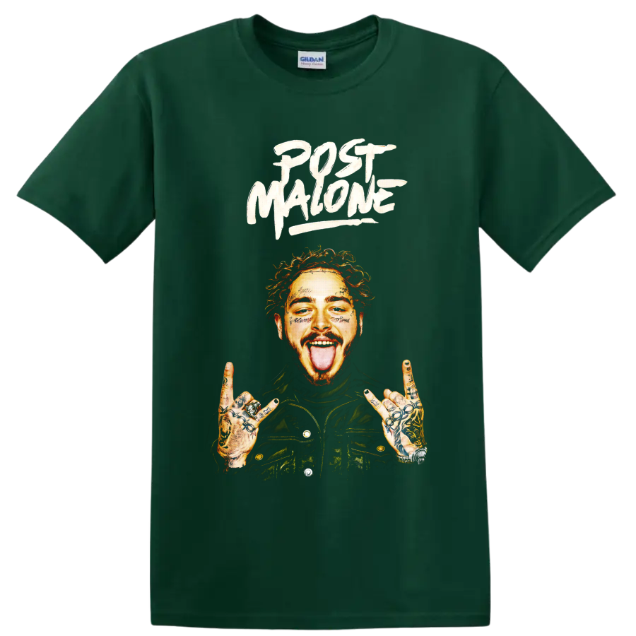 Post Malone portrait with tattooed hands and bold brush lettering on a Forest Green T Shirt