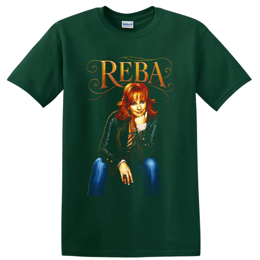 Reba McEntire portrait with ornate REBA lettering, fringe jacket, and vivid western art on a Forest Green T Shirt