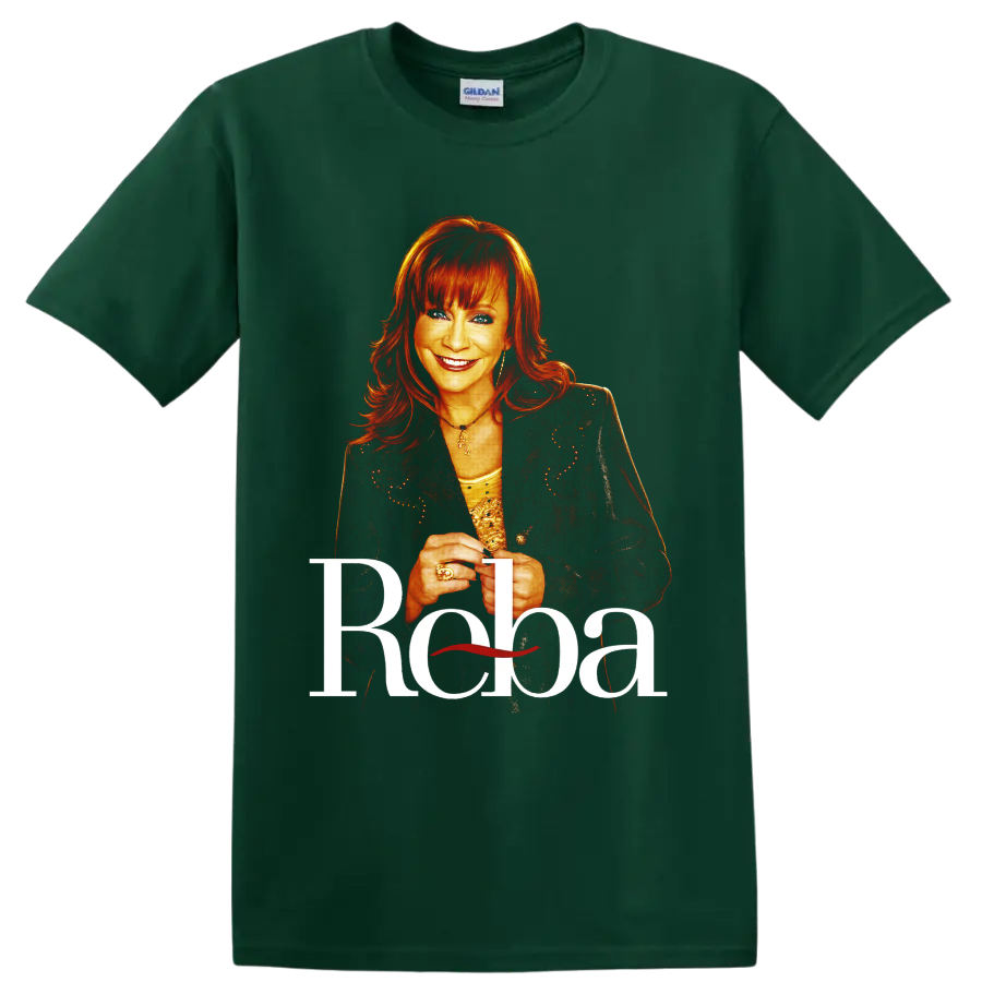Reba McEntire portrait with red hair, sparkling jacket, and large Reba lettering on a Forest Green T Shirt