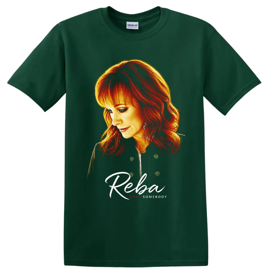 Reba McEntire fiery red hair portrait with script Reba and Love Somebody text on a Forest Green T Shirt