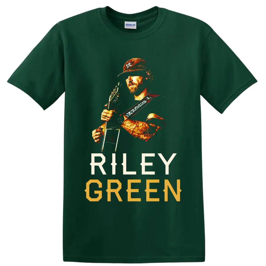 Riley Green holding guitar in warm western portrait art with RILEY GREEN text on a Forest Green T Shirt