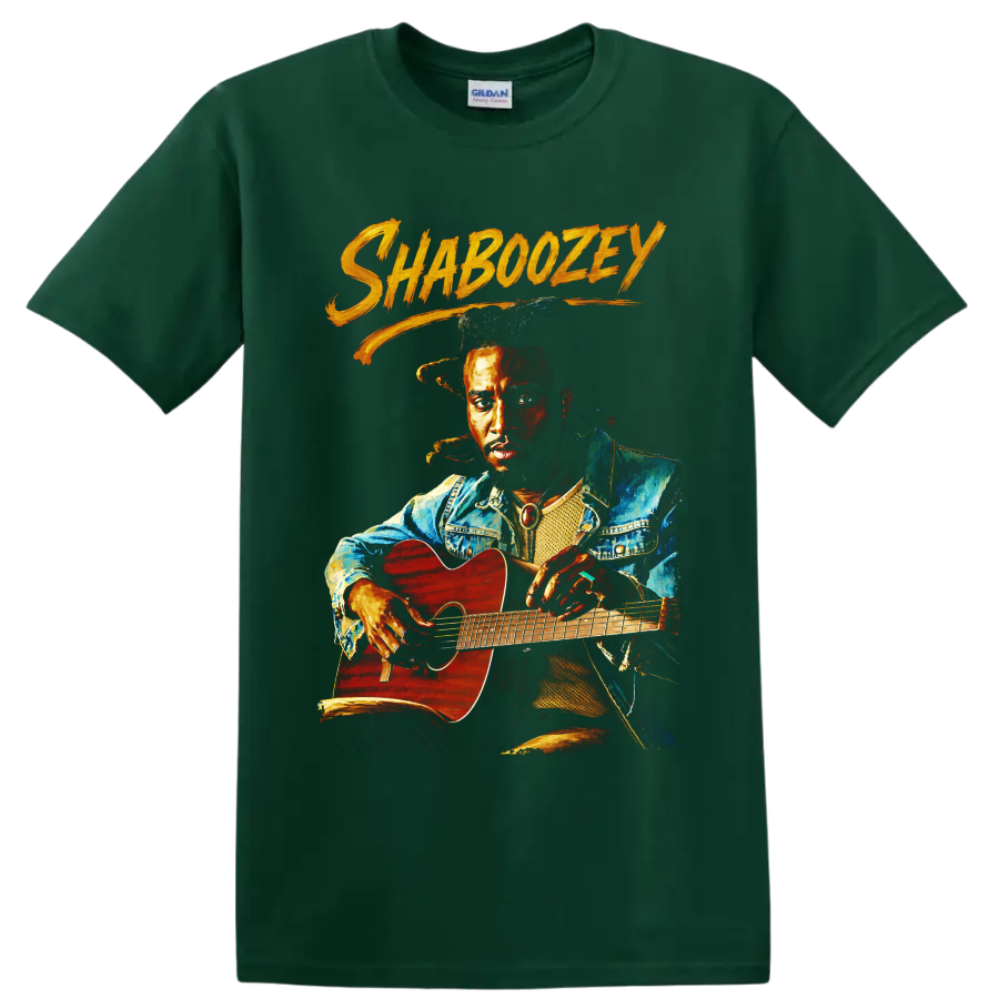 Painted Shaboozey portrait holding a red acoustic guitar with orange brush lettering on a Forest Green T Shirt