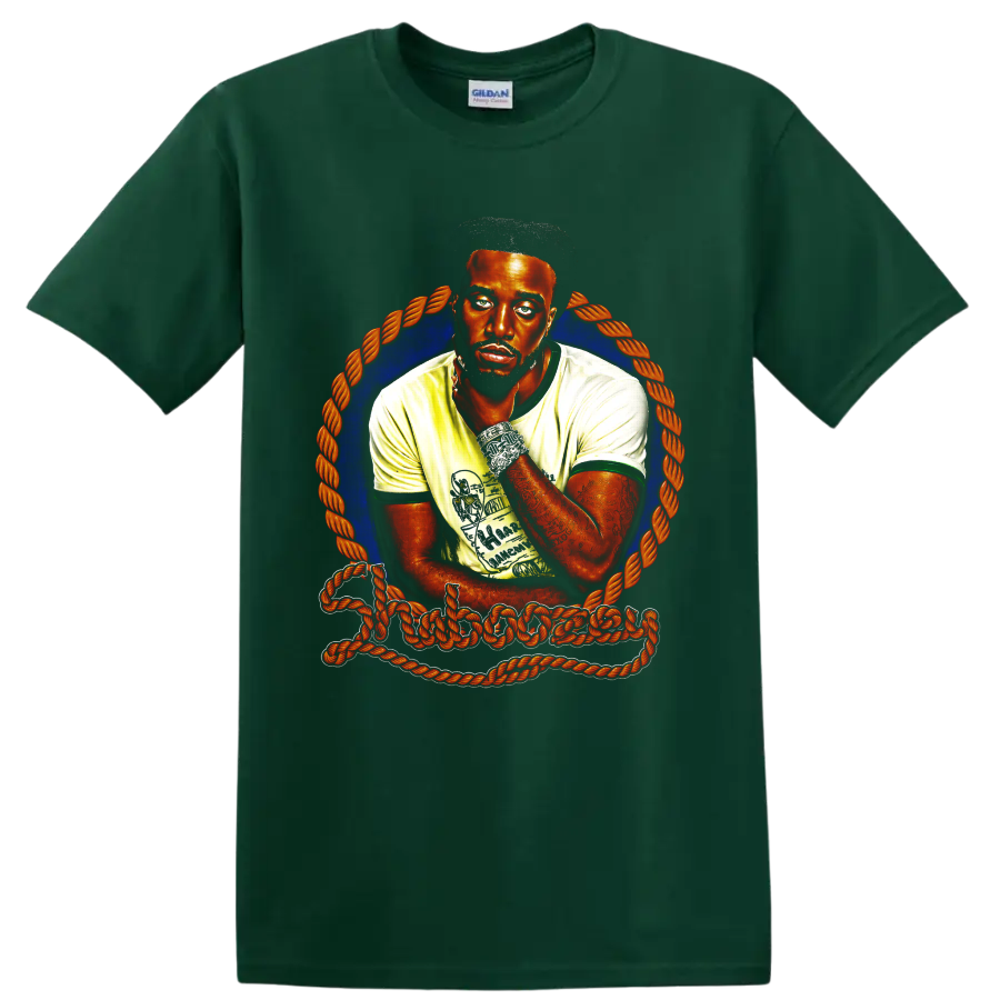 Shaboozey portrait illustration with blue halo, orange rope frame, and signature lettering on a Forest Green T Shirt