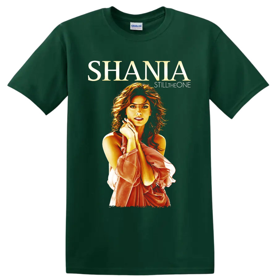 Shania Twain Still the One portrait in fiery red and gold country-pop fan art on a Forest Green T Shirt