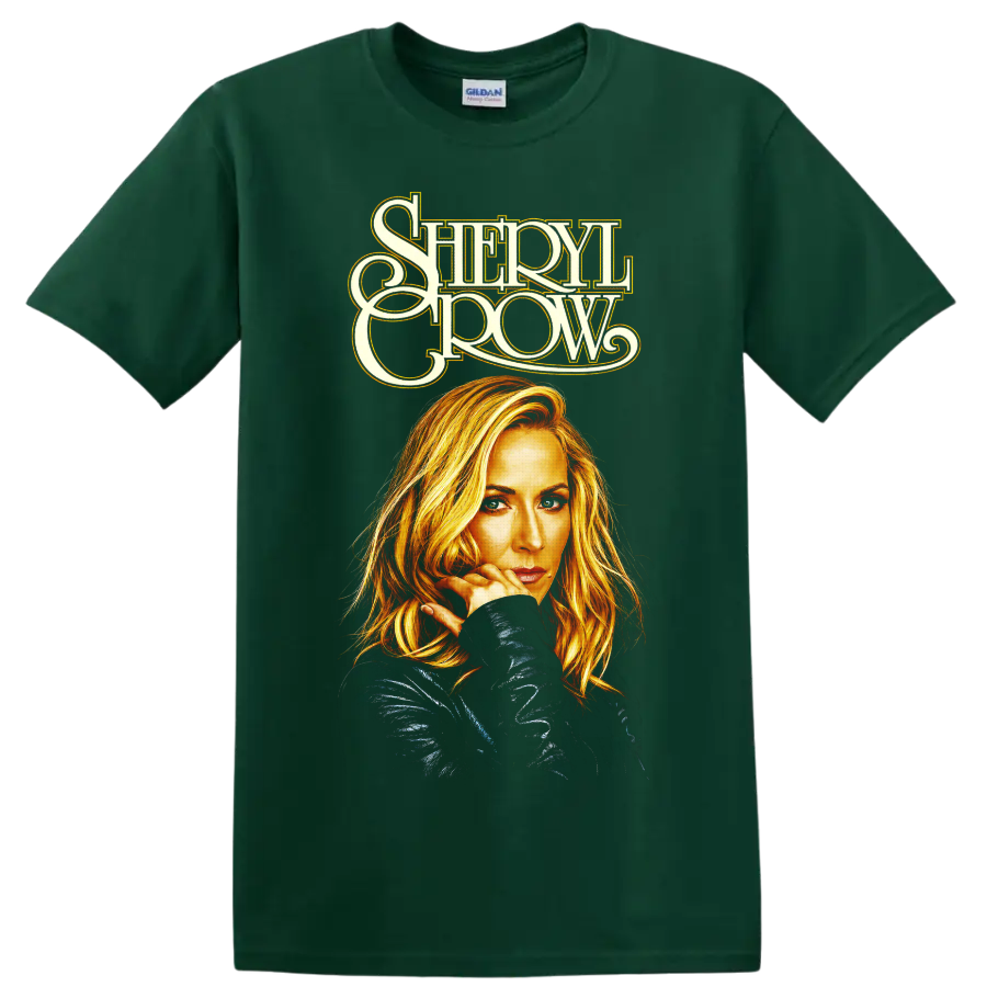 Sheryl Crow portrait with flowing cream name lettering and golden illustrated highlights on a Forest Green T Shirt