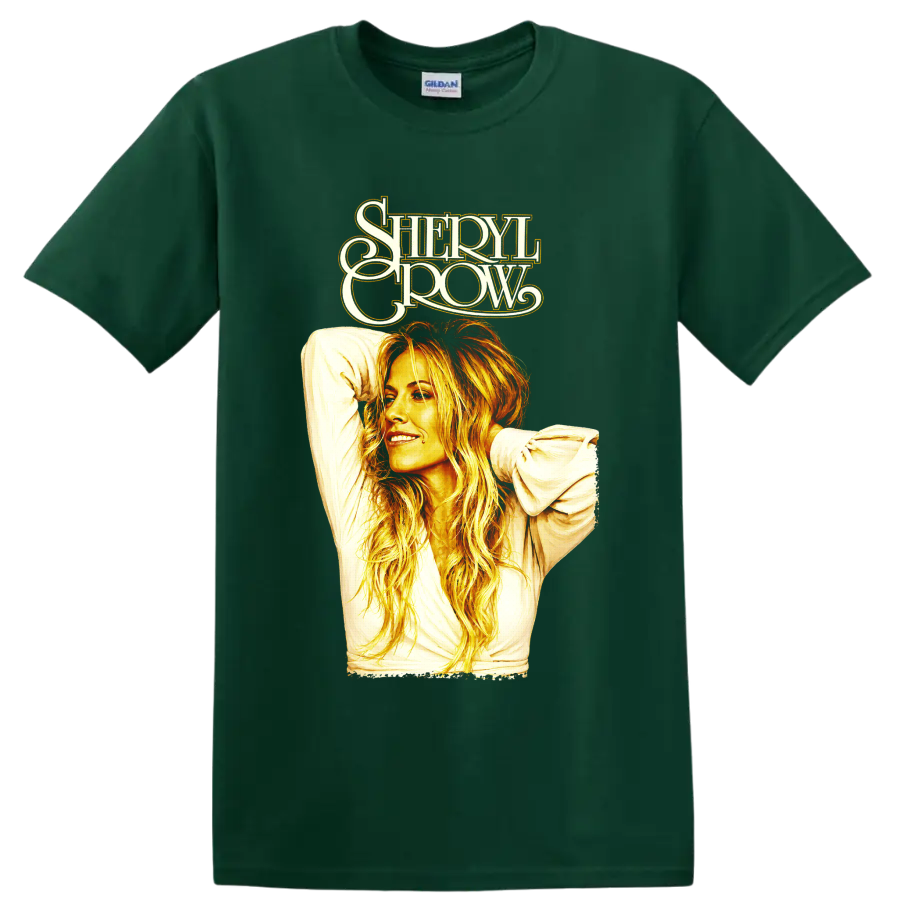 Sheryl Crow retro gold and orange portrait with stylized lettering on a Forest Green T Shirt