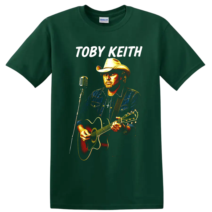 Toby Keith country singer portrait with cowboy hat, acoustic guitar, and vintage on a Forest Green T Shirt