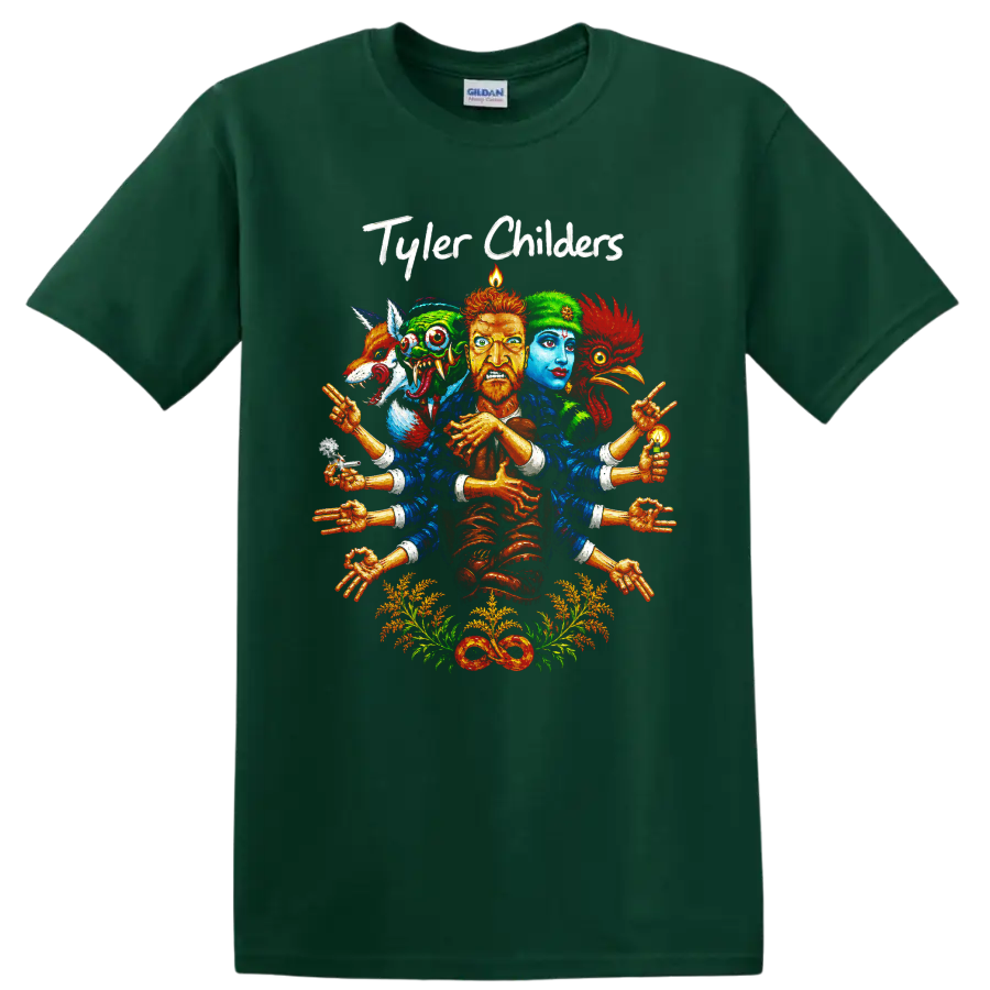 Tyler Childers surreal folk-art portrait with guitar, colorful faces, hands, and on a Forest Green T Shirt