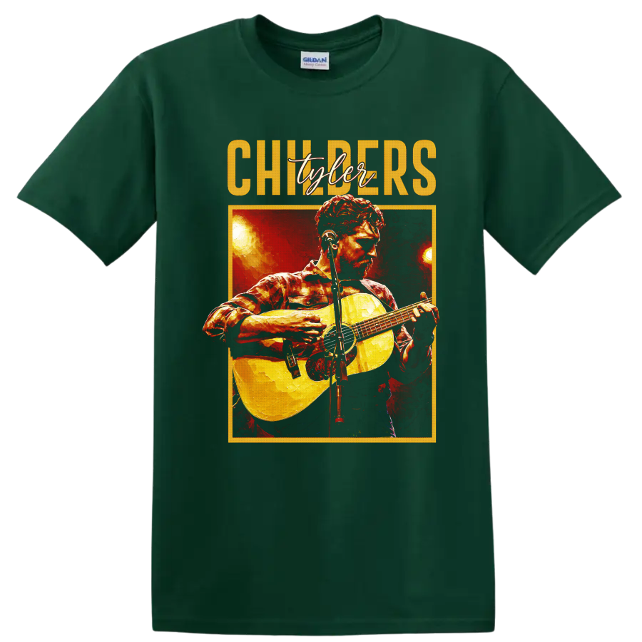 Tyler Childers painterly concert portrait with acoustic guitar and stage lights on a Forest Green T Shirt