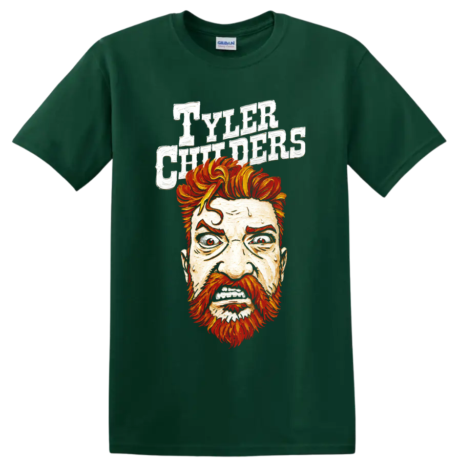 Tyler Childers illustrated portrait with fiery hair and distressed white lettering on a Forest Green T Shirt