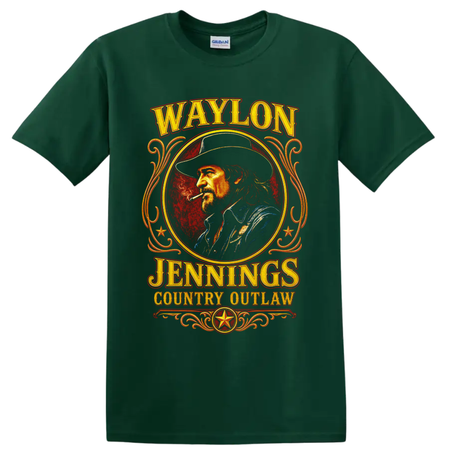 Waylon Jennings country outlaw Western portrait with vintage lettering and gold scrollwork on a Forest Green T Shirt