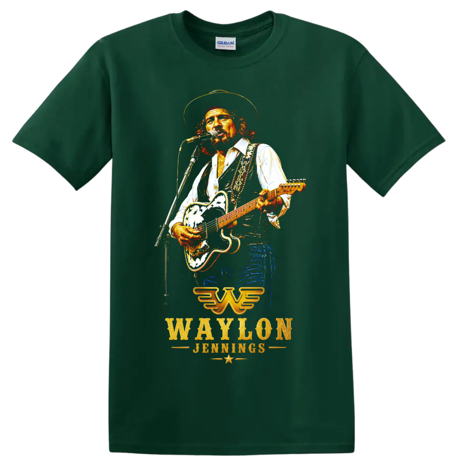 Waylon Jennings performing with guitar in vivid western concert-style artwork on a Forest Green T Shirt