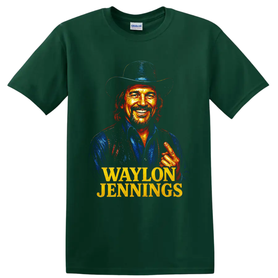 Waylon Jennings painted cowboy hat portrait with bold gold name lettering on a Forest Green T Shirt