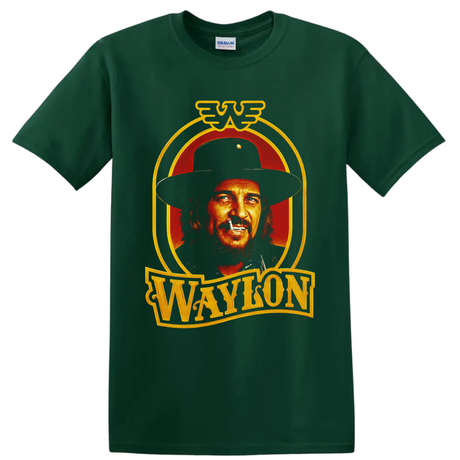 Waylon Jennings western cowboy portrait with red backdrop and gold Waylon lettering on a Forest Green T Shirt
