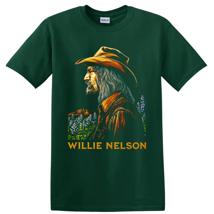 Willie Nelson western portrait with orange cowboy hat, bluebonnets, and name lettering on a Forest Green T Shirt