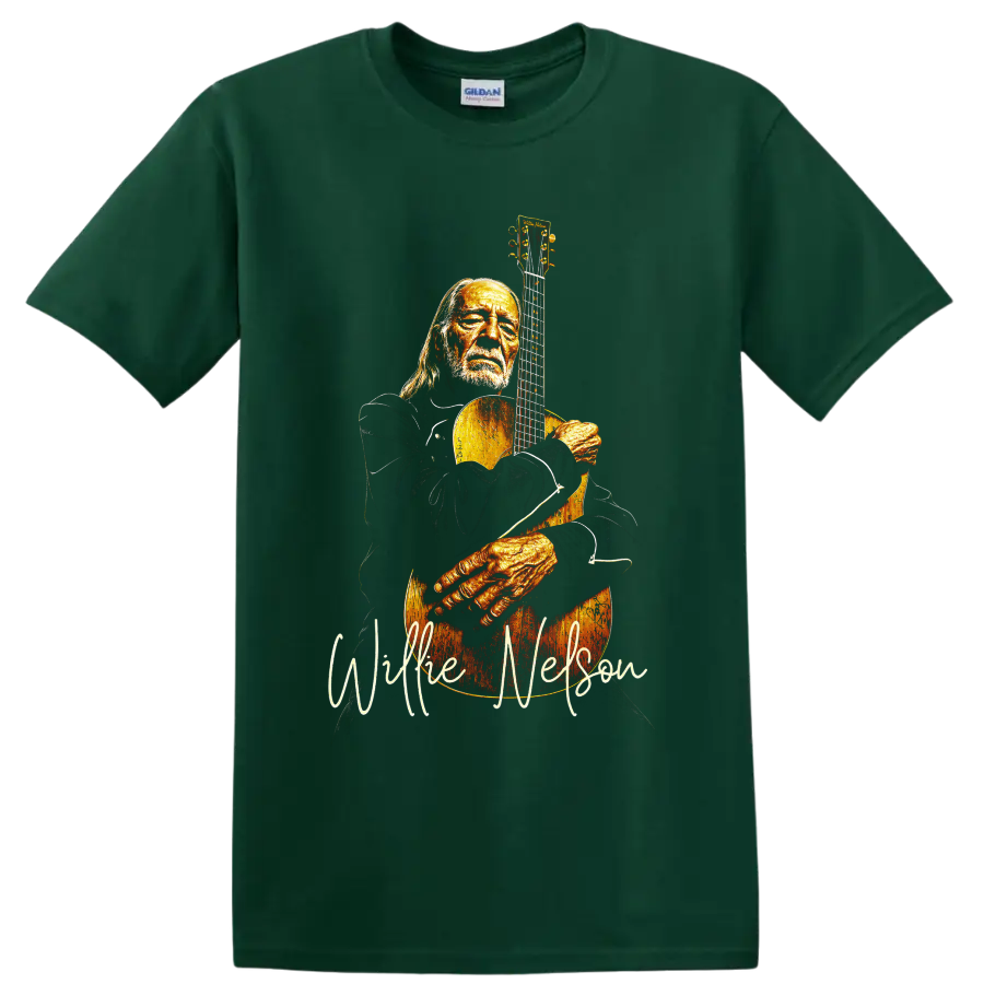 Willie Nelson holding an acoustic guitar in a warm vintage-style portrait on a Forest Green T Shirt